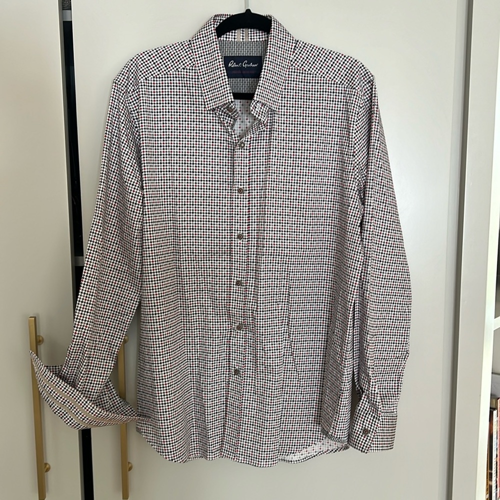 Long sleeve red, white, blue, and gray patterned Robert Graham button down shirt
